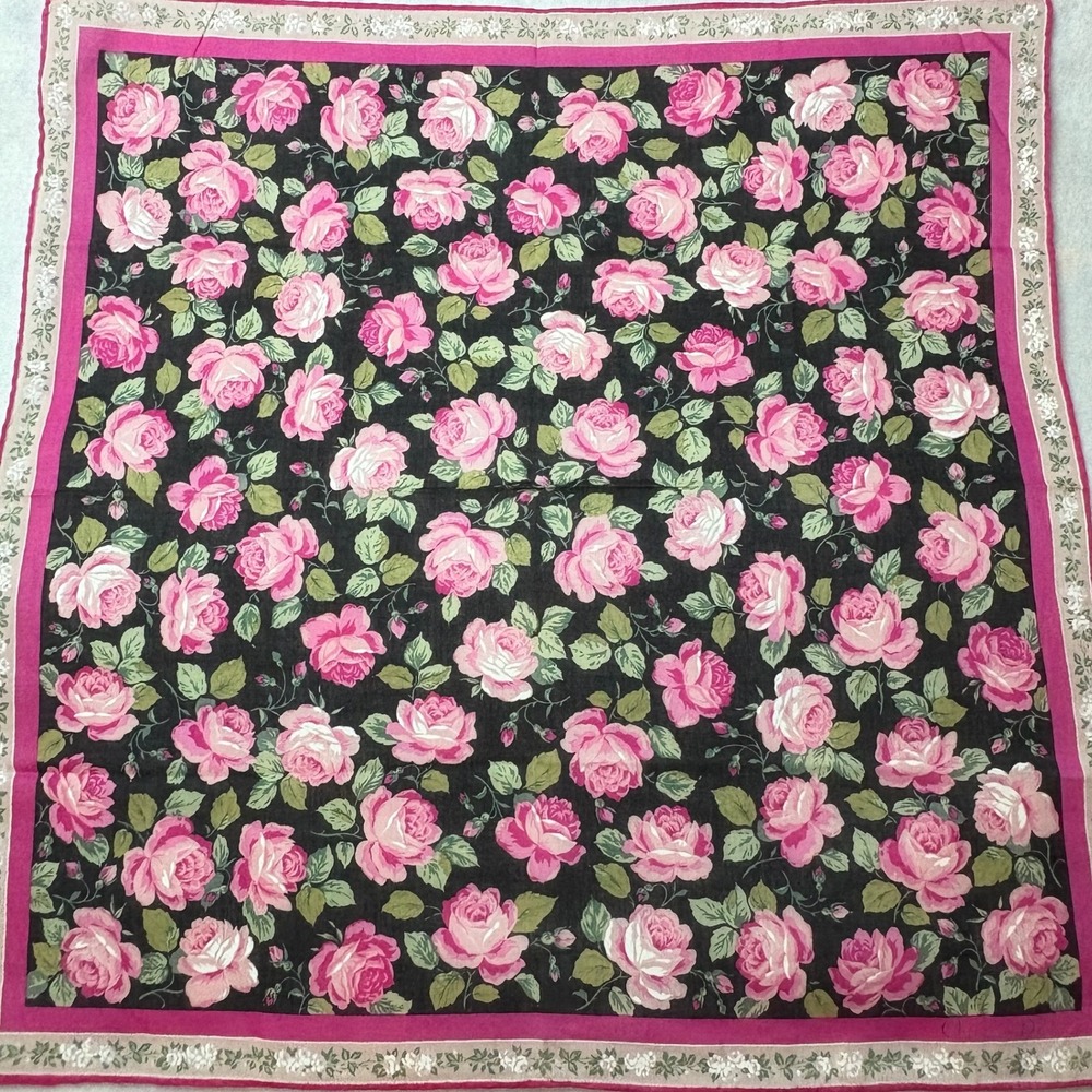VTG CHRISTIAN DIOR Scarf Handkerchief Rose Floral Cotton Black Pink 18"